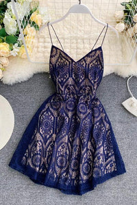A Line Spaghetti Straps Lace V Neck Navy Blue Homecoming Dresses, Sweet 16 Dresses SRS15555