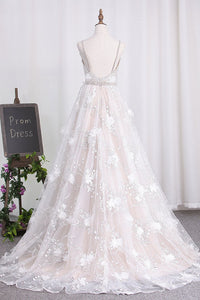 2023 Spaghetti Straps A Line Lace Wedding Dresses With Sash And Handmade Flower