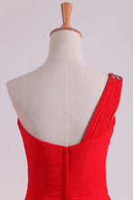 Load image into Gallery viewer, 2024 Red One Shoulder A Line Prom Dresses Chiffon Floor Length With Beading And Ruffles