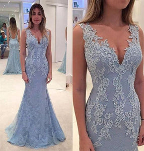 Sexy Deep V-neck Lace Appliques Open Back Backless Custom Made Long Prom Dresses RS745