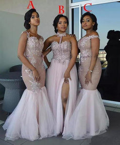 Mixed Style Long Lace Appliques Mermaid Tulle Blush Pink Long Bridesmaid Dresses RS835