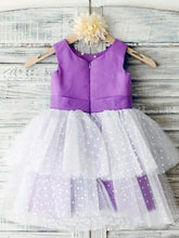 Load image into Gallery viewer, Ball Gown Ivory Scoop Neck Satin Purple Tulle Ankle-length Tiered Child Flower Girl Dresses RS736