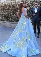Load image into Gallery viewer, Wonderful Off-the-shoulder Ball Gown Formal Blue Lace Appliques Long Quinceanera SRS14547