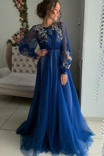 Load image into Gallery viewer, Charming A Line Long Sleeve Tulle Appliques Prom Dresses, Long Evening SRS20456