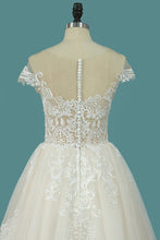 Load image into Gallery viewer, 2024 A Line Tulle Wedding Dresses Scoop Cap Sleeve With Applique