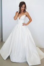 Load image into Gallery viewer, Modest Ivory Lace Satin Long Spaghetti Straps Simple Elegant Wedding Dresses