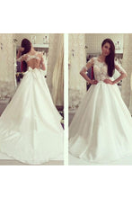 Load image into Gallery viewer, 2024 Scoop Mid-Length Sleeves Satin With Applique A Line Wedding Dresses