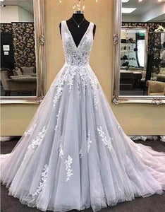 Gray V-Neck Tulle Lace Appliques Sleeveless A-Line Lace-up Long Prom Dresses RS790