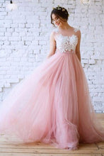 Load image into Gallery viewer, New Arrival Princess Scoop Neck Tulle with Appliques Lace Floor-length Pink Prom Dresses RS630