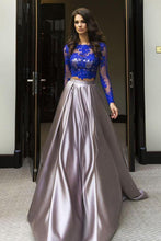 Load image into Gallery viewer, Elegant Blue Two Piece A-line Scoop Long Sleeve Elastic Satin Floor-Length Prom Dresses RS327