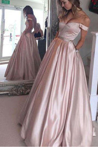 Pink Off-Shoulder Sleeveless Floor-Length Long Prom Dresses with Beading