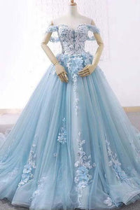 Princess Light Blue Sweetheart Tulle Appliques Off the Shoulder Ball Gown Prom Dresses RS126
