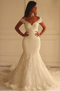 Off Shoulder Short Sleeves Mermaid Lace Wedding Dress with Appliques Bridal Dress RS750