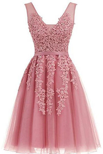 Short Dusty Rose Homecoming Dresses Lace Beads Tulle Appliqued Princess Hoco Dress RS729
