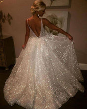 Load image into Gallery viewer, Sequins V-Neck Ivory Backless A-Line Sleeveless Elegant Plus Size Prom Dresses RS381