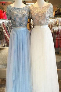 Tulle Scoop Neck A-line Floor-length with Beading Two Piece Short Sleeve Prom Dresses RS631