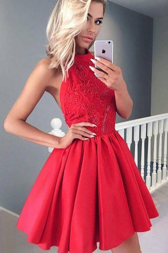 Cute A Line Round Neck Open Back Satin Red Short Homecoming Dresses with Lace RS948