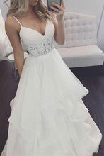Load image into Gallery viewer, Elegant A Line V Neck Spaghetti Straps Ivory Organza Long Wedding Dresses with Lace RS974