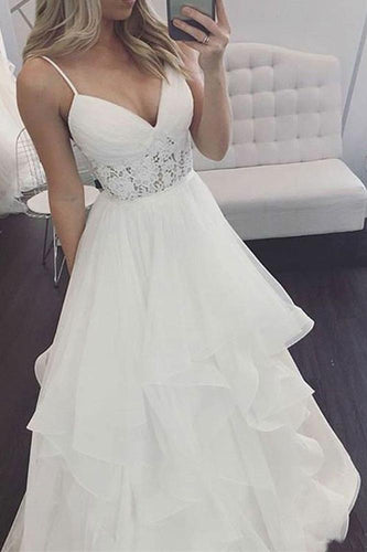 Elegant A Line V Neck Spaghetti Straps Ivory Organza Long Wedding Dresses with Lace RS974
