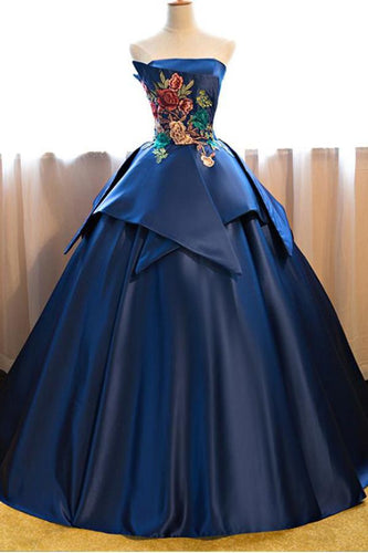Dark Blue Ball Gown Satin Strapless Lace up Appliques Long Prom Quinceanera Dress RS602