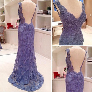 2024 New Style Custom Mermaid V-Neck Sleeveless Open Back Blue Lace Evening Dresses RS11