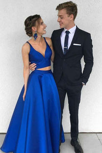 Sexy Royal Blue Two Piece Long Simple Satin Blue V-Neck Formal Evening Prom Dresses RS620