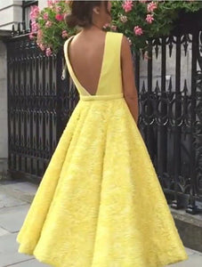 A-Line Deep V-Neck Cute Yellow Tea Length Sleeveless Open Back Lace Prom Dresses RS475