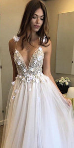 Sexy Spaghetti Straps V Neck A Line Tulle Ivory Backless Prom Dresses Wedding Dresses RS28