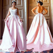 Load image into Gallery viewer, Unique Pink Backless Spaghetti Straps Sweep Train Appliques Long Prom Dresses RS363