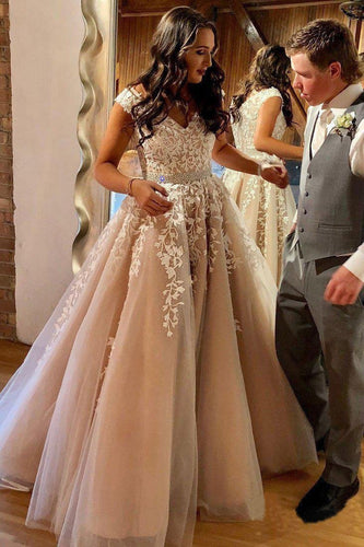 A Line Cheap Nude Quinceanera Dress Lace Appliques Cap Sleeve Beaded Prom Dresses RS238