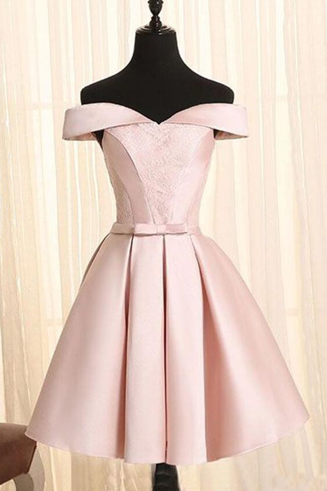 Simple A Line Off the Shoulder Pearl Pink Satin Short Homecoming Dresses with Lace RS923