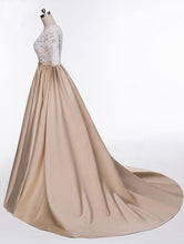 Load image into Gallery viewer, A-Line High Neck Beads Short Sleeve Lace Satin Evening Dress Prom Dresses RS513