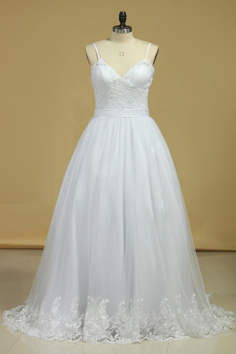 Wedding Dresses Spaghetti Straps Tulle With Applique And SRSPFGDEMAQ