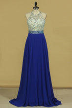 Load image into Gallery viewer, 2024 Sexy Open Back Halter Beaded Bodice A Line Chiffon Sweep Train Prom Dresses