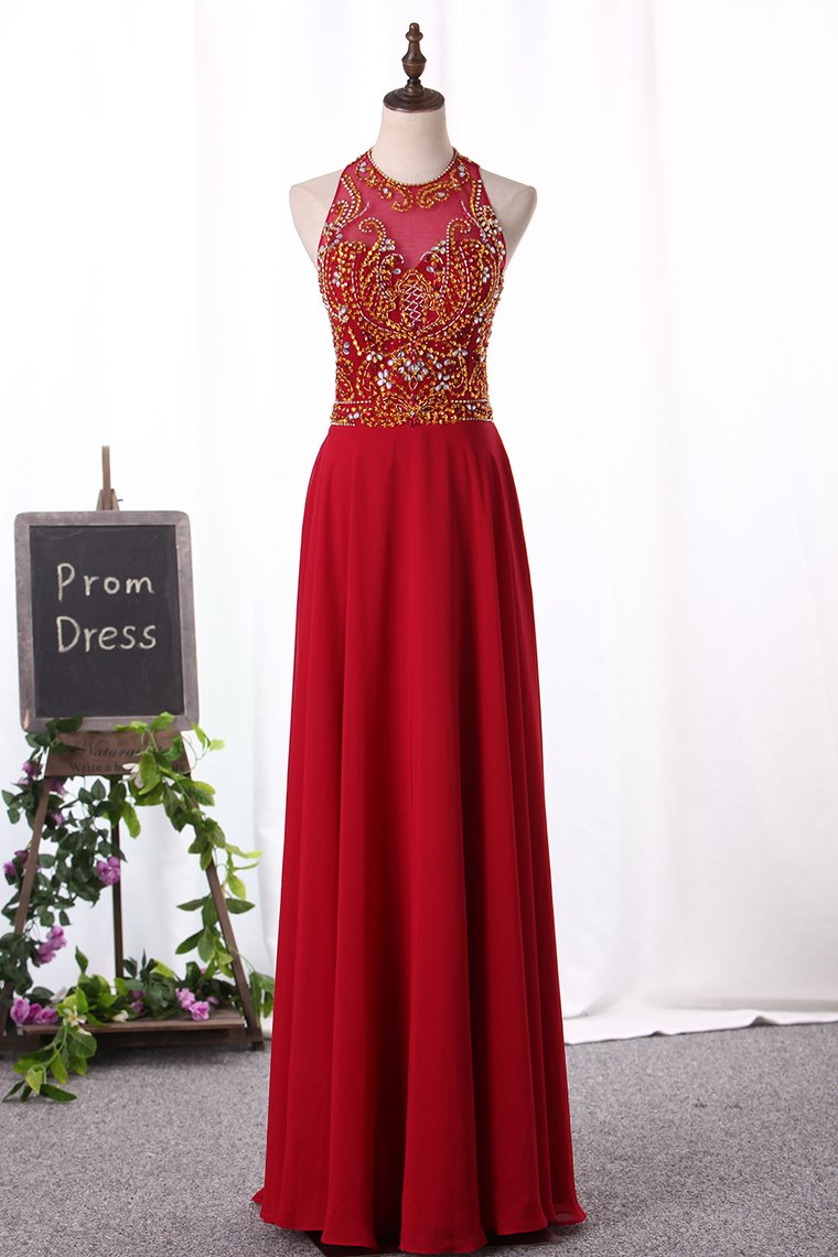 2024 A Line Scoop Prom Dresses Chiffon With Beaded Bodice Floor Length