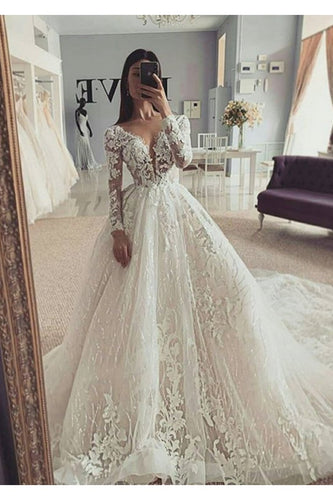 Ball Gown Illusion Long Sleeves Wedding Dress With Appliques V Neck