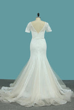 Load image into Gallery viewer, 2024 Short Sleeve Wedding Dresses Tulle Mermaid With Applique And Sash Sweep Train