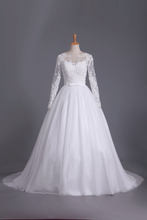 Load image into Gallery viewer, 2024 Long Sleeves Scoop Ball Gown Wedding Dresses Tulle With Applique And Sash