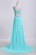 Load image into Gallery viewer, 2024 Open Back Halter Prom Dresses A Line Sweep Train Chiffon With Beads&amp;Ruffles