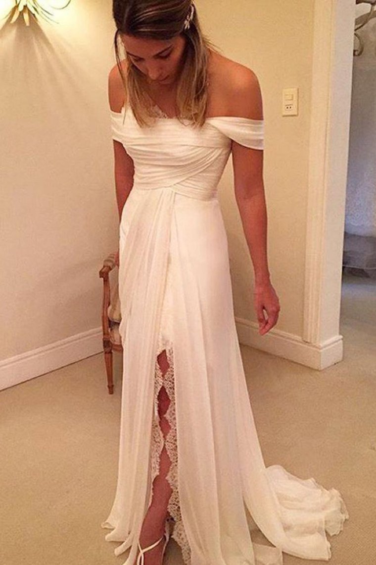 2023 Off The Shoulder Wedding Dresses A Line Chiffon With Ruffles And Slit