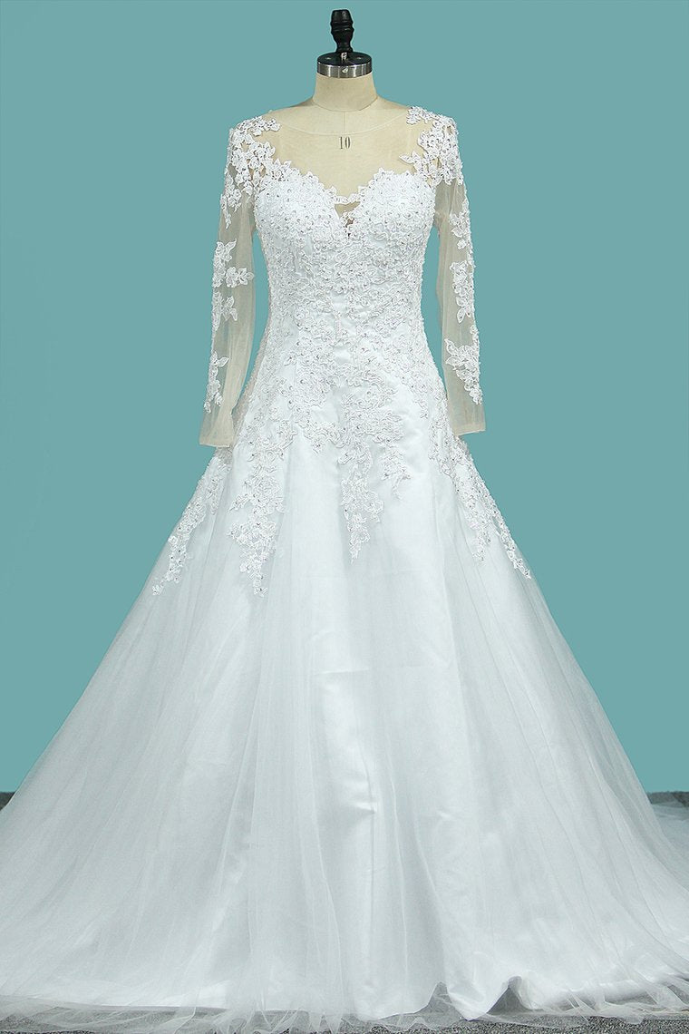 2024 Tulle Wedding Dresses Scoop Long Sleeves A Line With Applique Court Train
