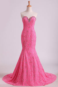 2024 Stunning Sweetheart Mermaid Prom Dresses With Beads Floor-Length Lace