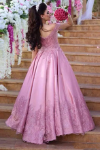 Load image into Gallery viewer, 2024 Off The Shoulder Satin With Applique Sweep Train A Line Prom Dresses