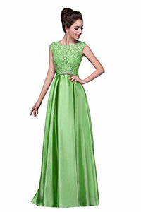 Elegant A-Line Applique Round Neck Lace Satin Ball Gown Evening Prom Dress