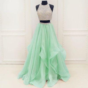 Stunning Sequins And Beaded Top Organza Ruffles Two Piece Prom Dress Prom Dresses RS172