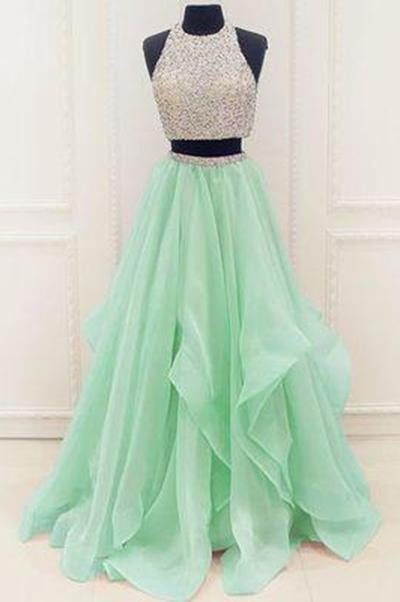 Stunning Sequins And Beaded Top Organza Ruffles Two Piece Prom Dress Prom Dresses RS172