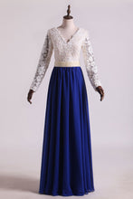 Load image into Gallery viewer, 2024 Hot V Neck Prom Dresses A Line Chiffon With Applique Sweep Train Dark Royal Blue