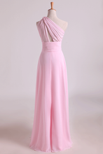 Load image into Gallery viewer, 2024 One Shoulder A Line Chiffon Bridesmaid Dresses With Ruffles Pearl Pink