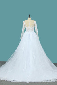 2024 Lace Ball Gown Wedding Dresses Scoop Long Sleeves With Applique And Beads Chapel Train