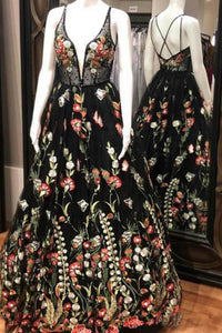 2024 Spaghetti Strap Black Prom Dresses Floral Formal Dress Evening Dresses